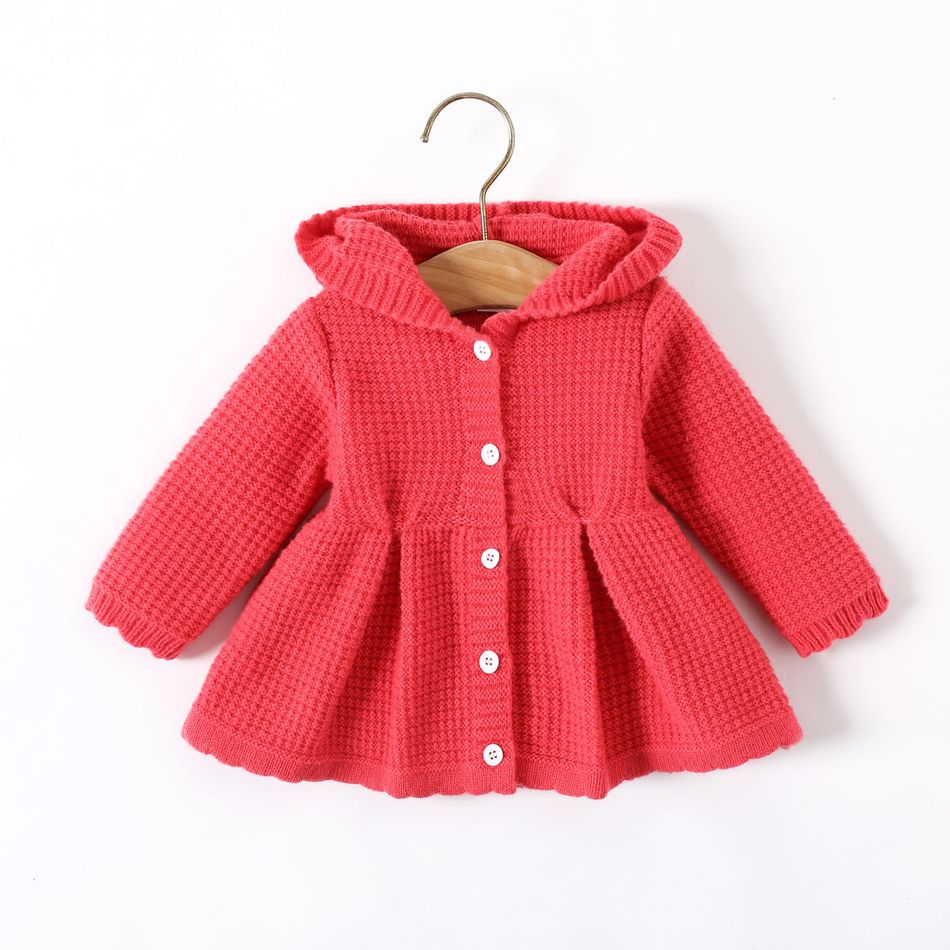 Baby Girl 3D Ears Hooded Long-sleeve Solid Knitted Sweater Coat Dark Pink big image 1