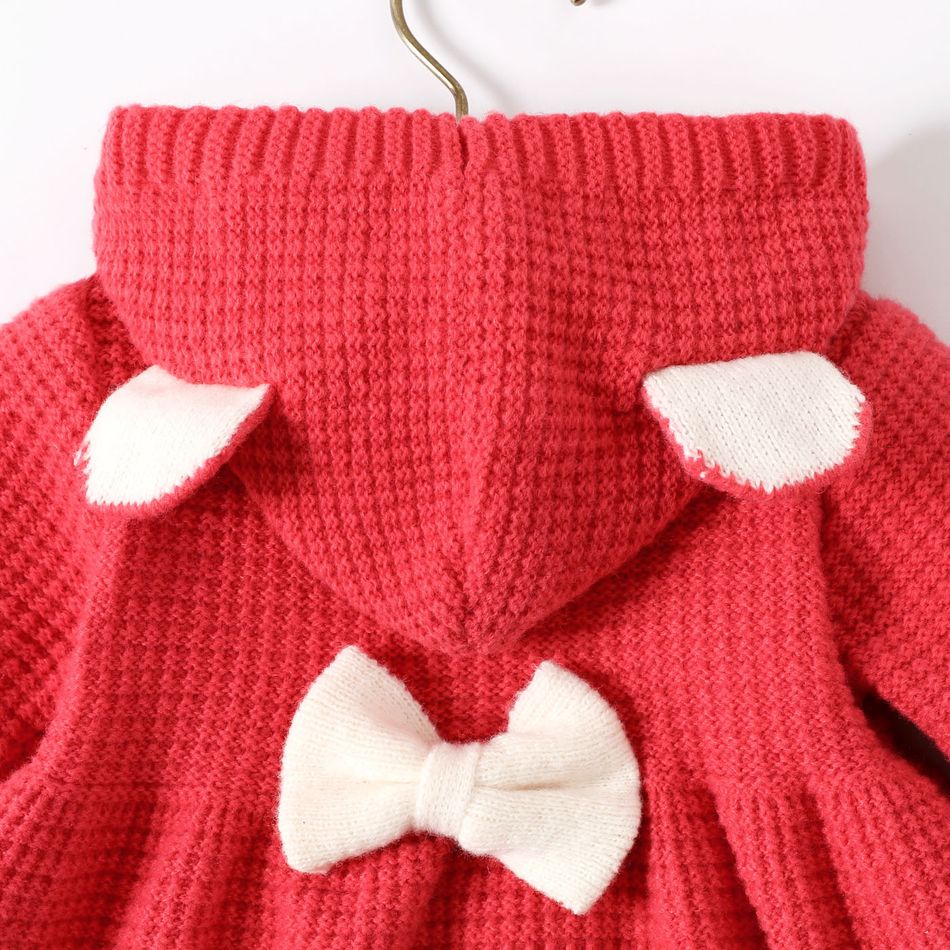 Baby Girl 3D Ears Hooded Long-sleeve Solid Knitted Sweater Coat Dark Pink