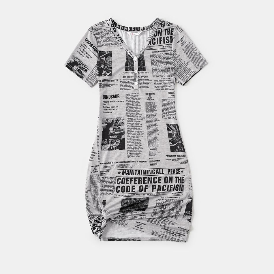 Family Matching Newspaper Print V Neck Short-sleeve Twist Knot Bodycon Dresses and T-shirts Sets MiddleAsh big image 2