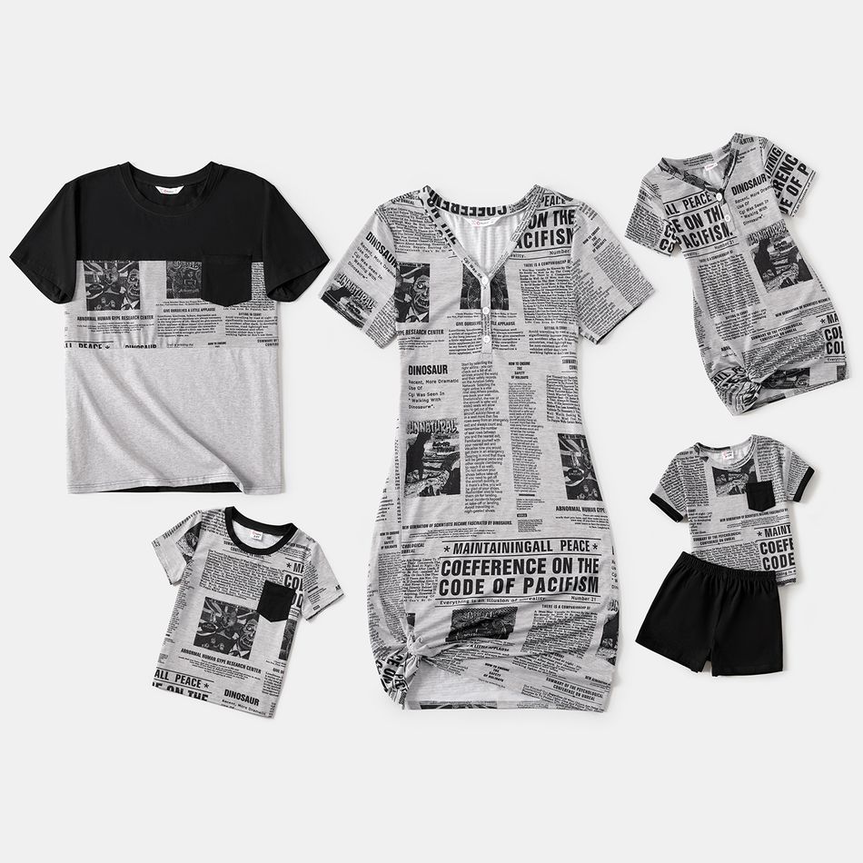 Family Matching Newspaper Print V Neck Short-sleeve Twist Knot Bodycon Dresses and T-shirts Sets MiddleAsh