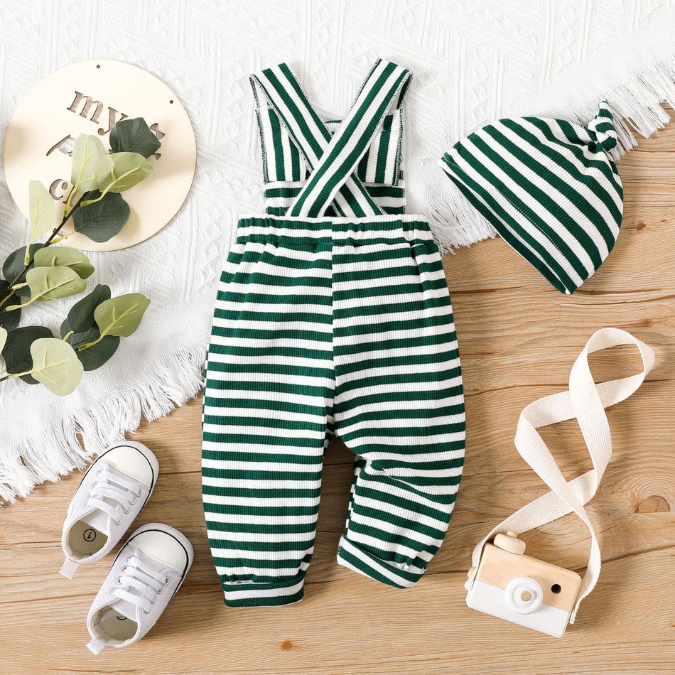 2pcs Baby Boy/Girl 95% Cotton Rib Knit Green Striped Overalls with Hat Set Green big image 4