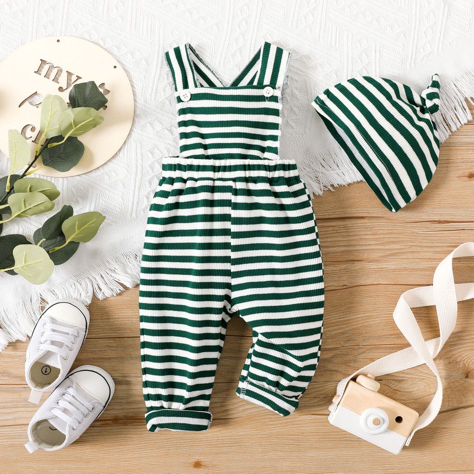 2pcs Baby Boy/Girl 95% Cotton Rib Knit Green Striped Overalls with Hat Set Green big image 3