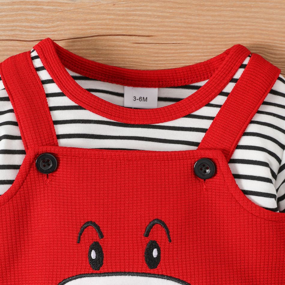 Baby Boy/Girl Bear Embroidered Waffle Faux-two Striped Long-sleeve Jumpsuit Red big image 3