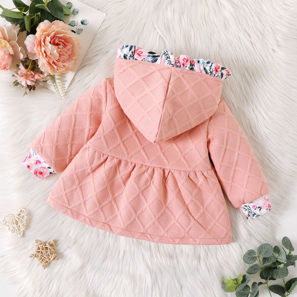 Baby Girl Floral Print Lined Ruffle Hooded Long-sleeve Textured Jacket Pink big image 2