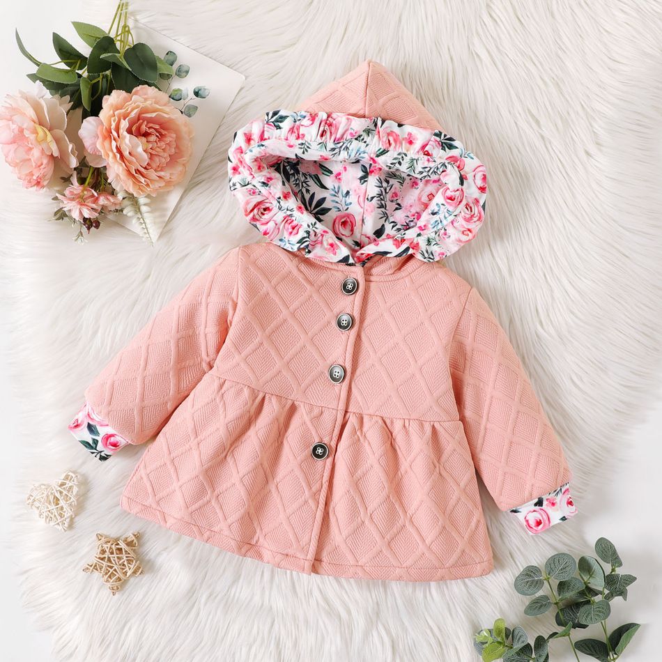 Baby Girl Floral Print Lined Ruffle Hooded Long-sleeve Textured Jacket Pink