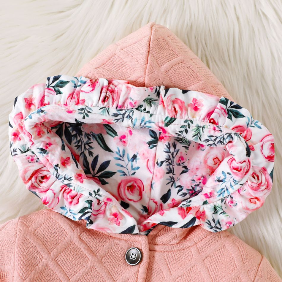 Baby Girl Floral Print Lined Ruffle Hooded Long-sleeve Textured Jacket Pink big image 3