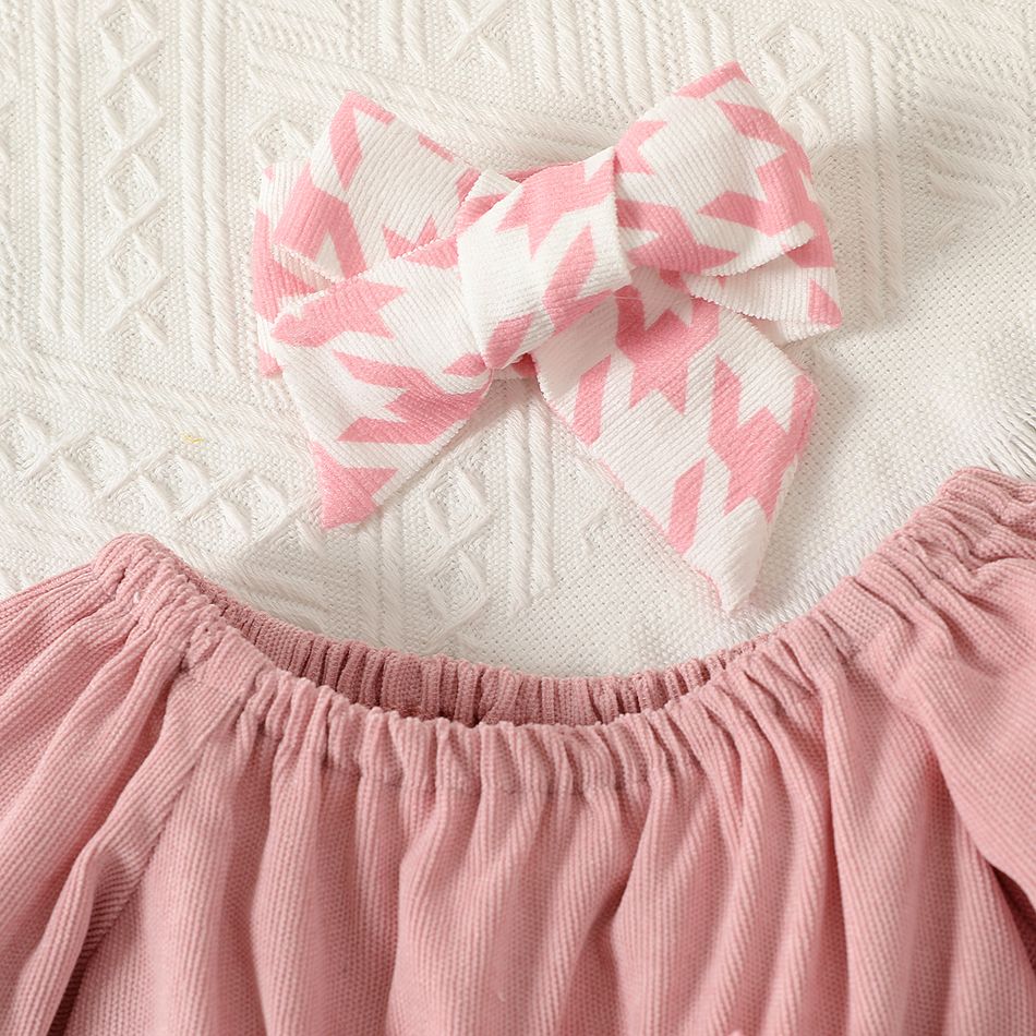 2pcs Baby Girl Pink Corduroy Spliced Houndstooth Bow Front Off Shoulder Long-sleeve Dress with Headband Set Pink big image 3