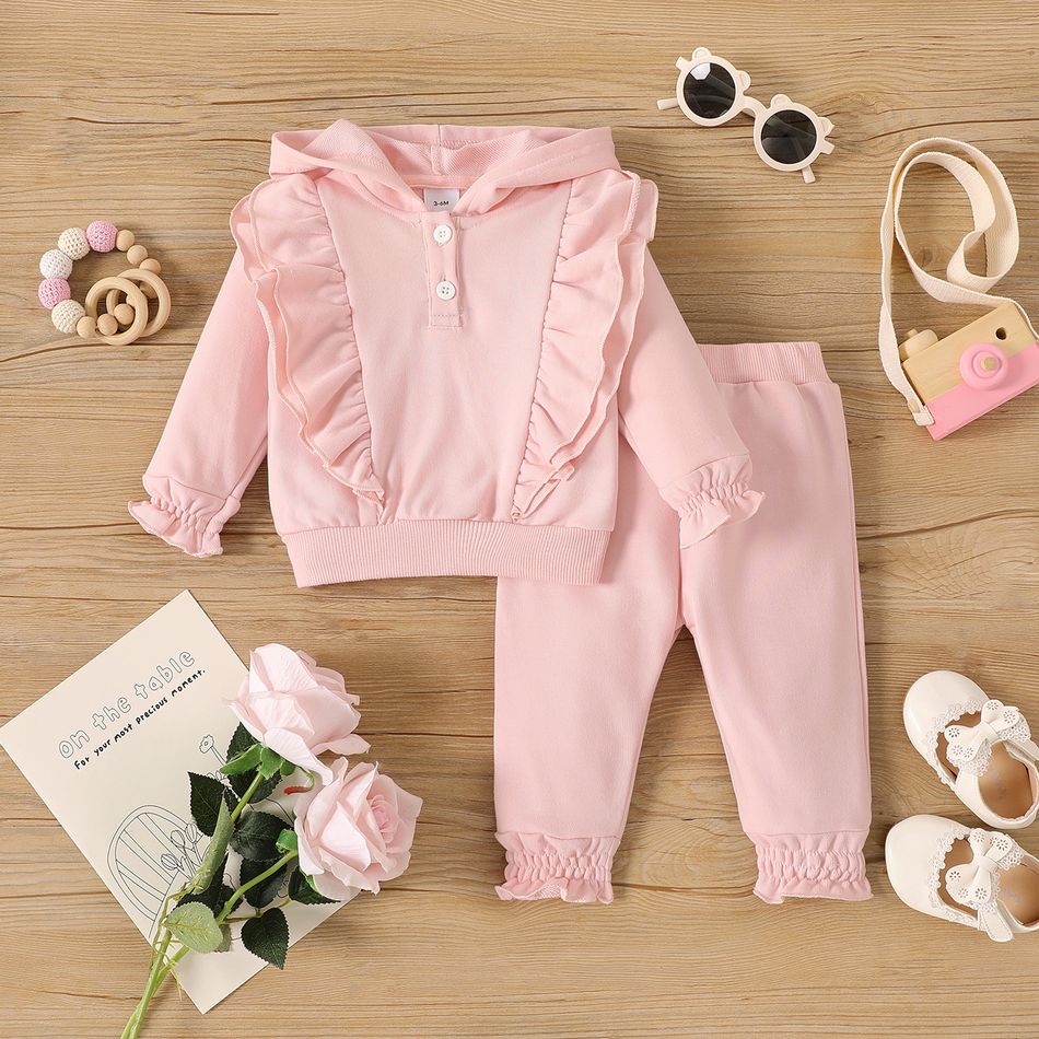 2pcs Baby Girl Pink Ruffle Trim Long-sleeve Hoodie and Pants Set Pink big image 1