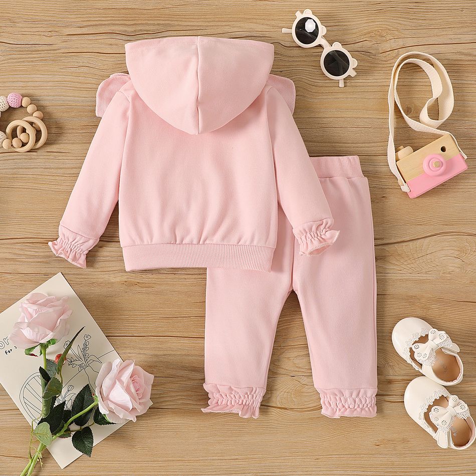 2pcs Baby Girl Pink Ruffle Trim Long-sleeve Hoodie and Pants Set Pink big image 2