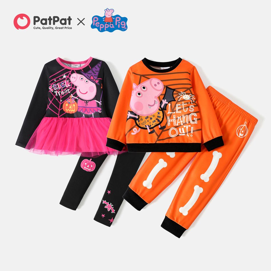 Peppa Pig 2pcs Toddler Boy/Girl Halloween Graphic Long-sleeve Tee and Pants Set Black big image 2