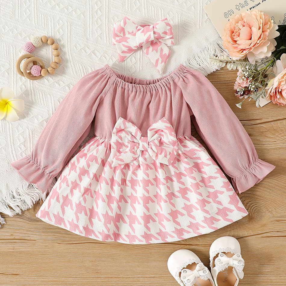 2pcs Baby Girl Pink Corduroy Spliced Houndstooth Bow Front Off Shoulder Long-sleeve Dress with Headband Set Pink big image 1