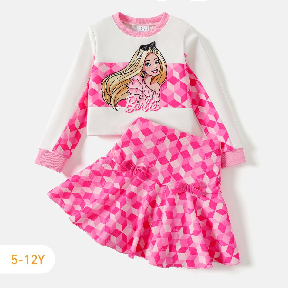 Barbie 2pcs Kid Girl Plaid Colorblock Sweatshirt and Bowknot Design Skirt Set White big image 1