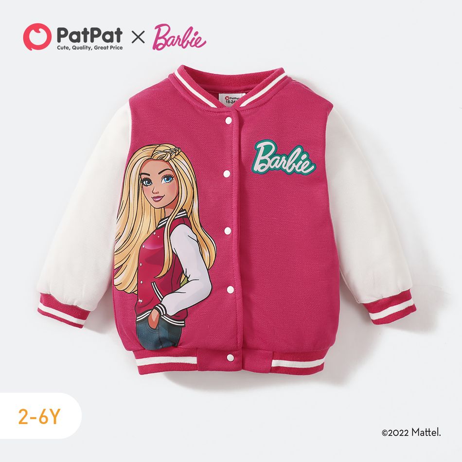 Barbie Toddler Girl Character Print Colorblock Button Design Bomber Jacket Hot Pink