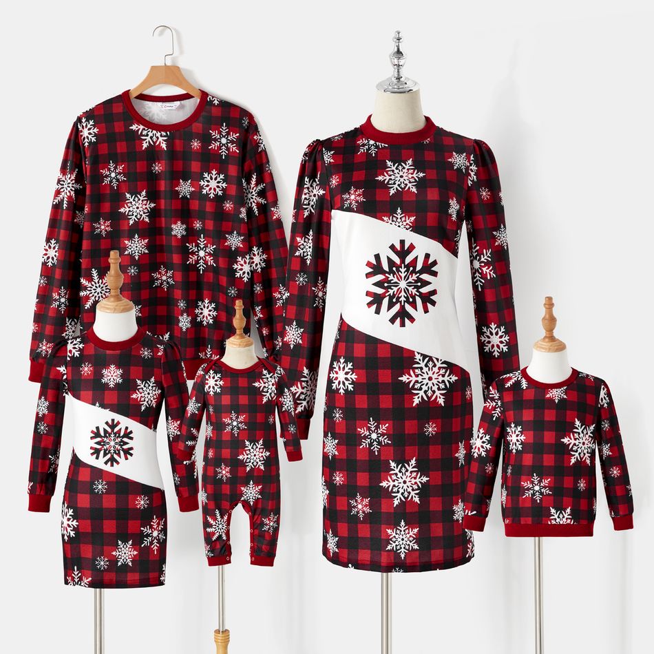 Christmas Family Matching Allover Snowflake Print Red Plaid Long-sleeve Dresses and Sweatshirts Sets REDWHITE big image 2