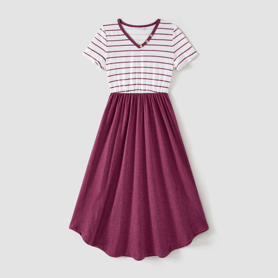 Family Matching Short-sleeve Striped Spliced Midi Dresses and Polo Shirts Sets purplewhite big image 2