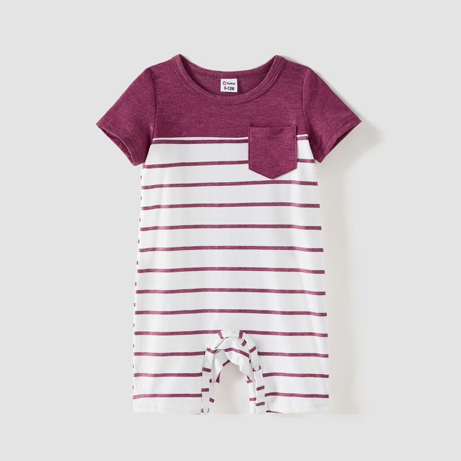 Family Matching Short-sleeve Striped Spliced Midi Dresses and Polo Shirts Sets purplewhite big image 11