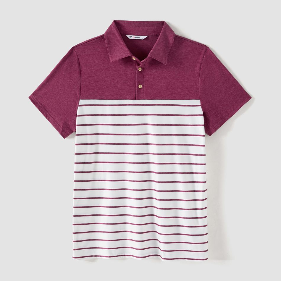 Family Matching Short-sleeve Striped Spliced Midi Dresses and Polo Shirts Sets purplewhite big image 7