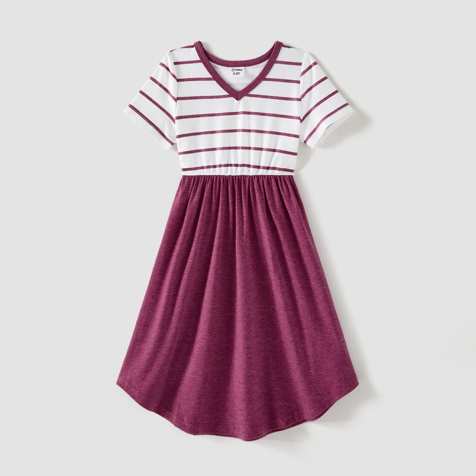 Family Matching Short-sleeve Striped Spliced Midi Dresses and Polo Shirts Sets purplewhite big image 6