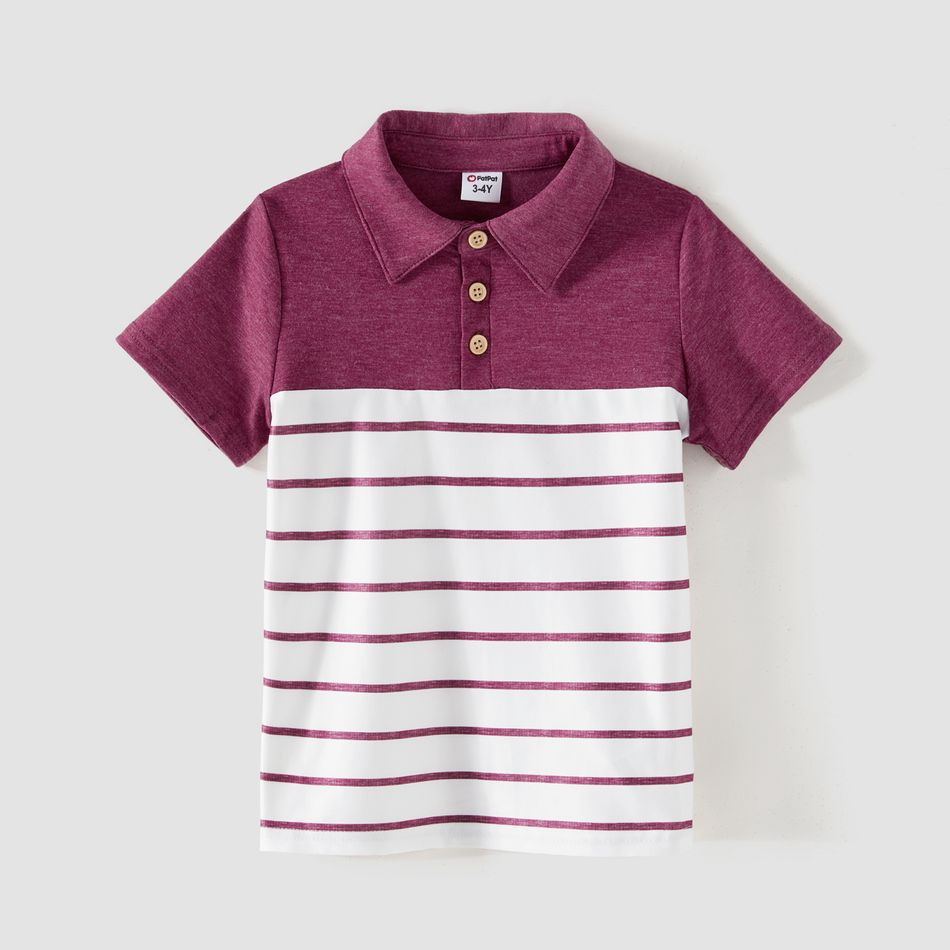 Family Matching Short-sleeve Striped Spliced Midi Dresses and Polo Shirts Sets purplewhite big image 8