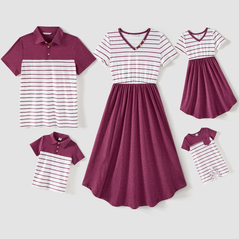 Family Matching Short-sleeve Striped Spliced Midi Dresses and Polo Shirts Sets purplewhite big image 1