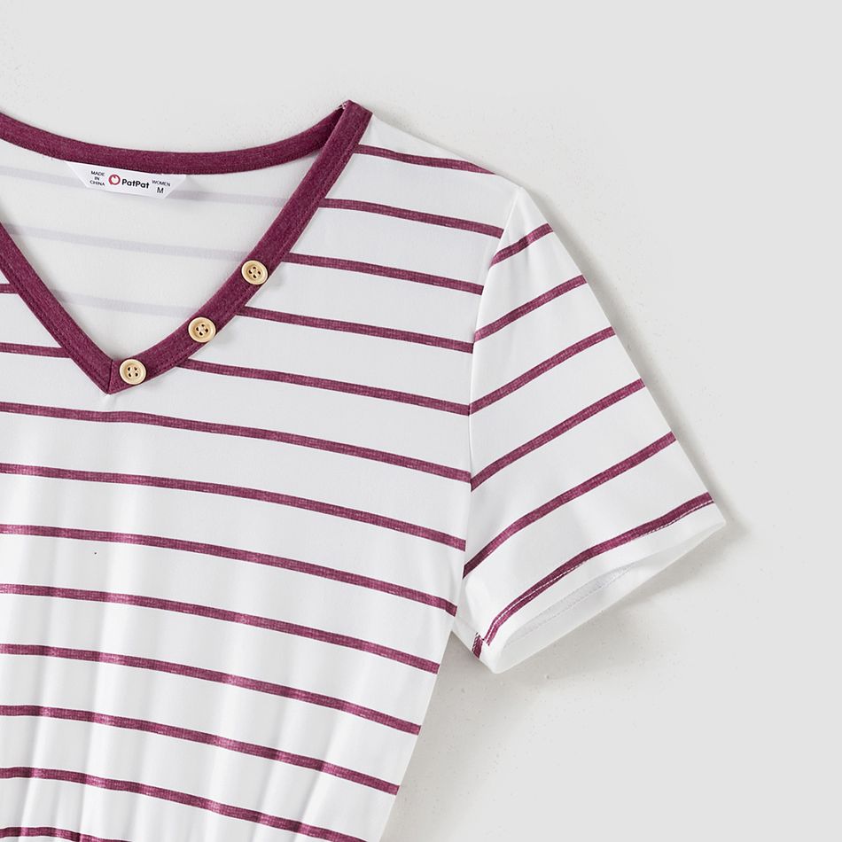 Family Matching Short-sleeve Striped Spliced Midi Dresses and Polo Shirts Sets purplewhite big image 3