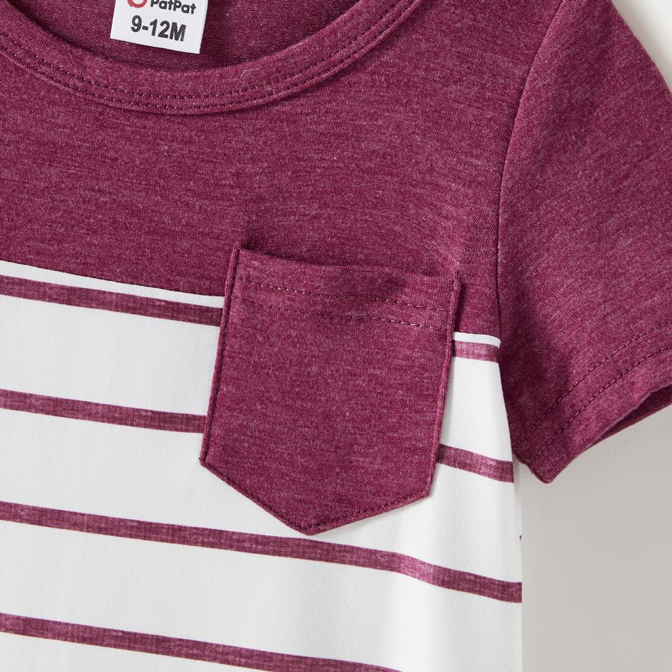Family Matching Short-sleeve Striped Spliced Midi Dresses and Polo Shirts Sets purplewhite big image 12