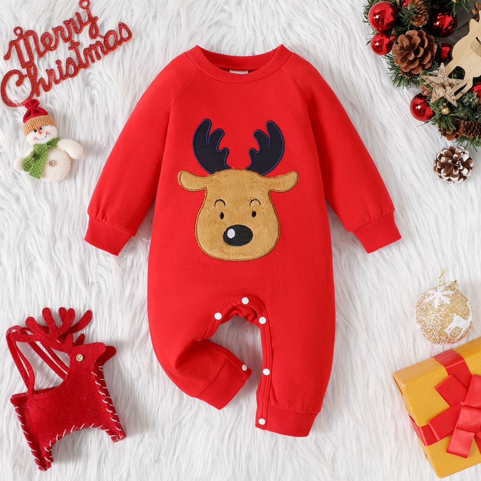 Christmas Baby Boy/Girl Deer Embroidered Red Long-sleeve Jumpsuit Red