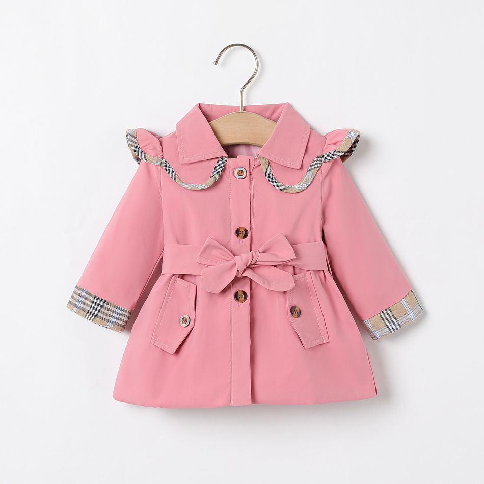 Baby Girl Plaid & Pink Spliced Ruffle Trim Single Breasted Belted Trench Coat Pink big image 1