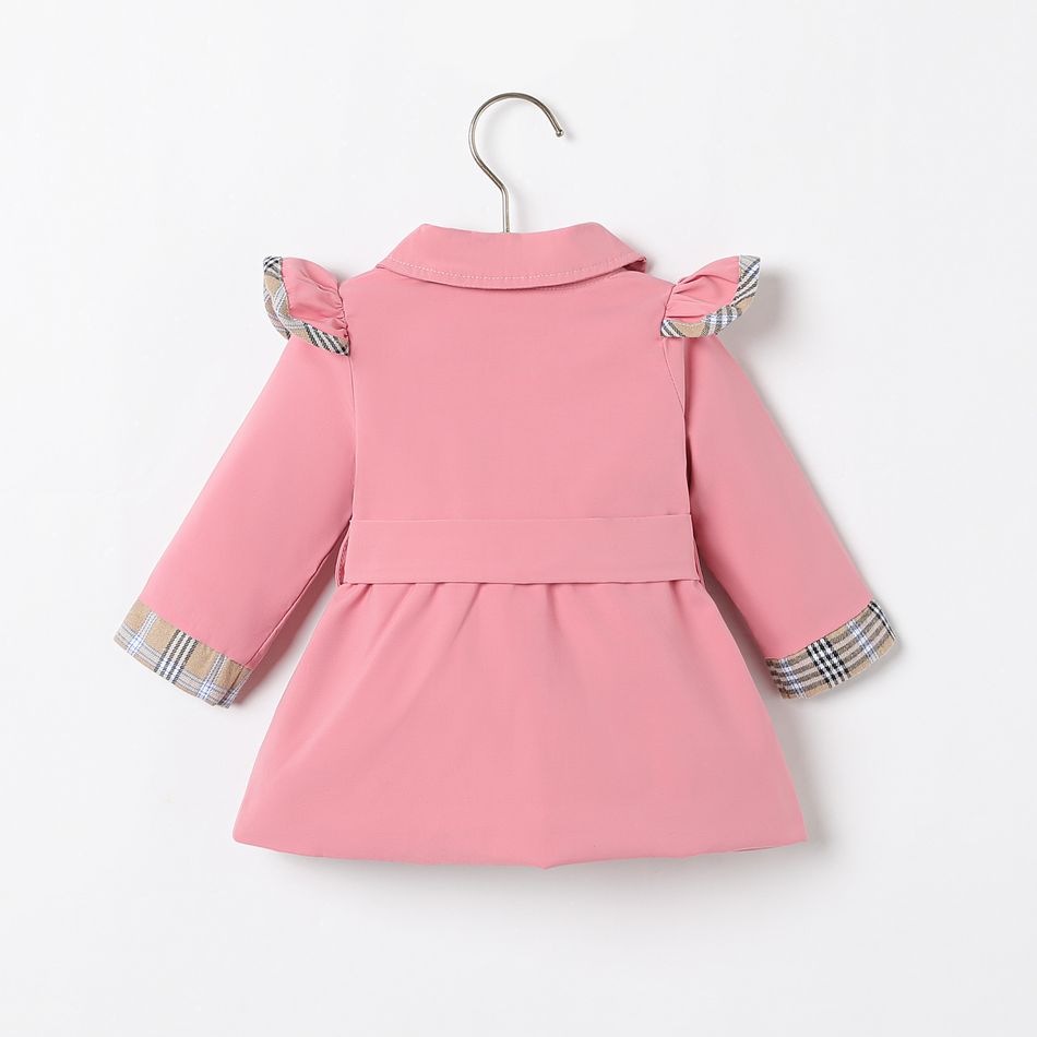 Baby Girl Plaid & Pink Spliced Ruffle Trim Single Breasted Belted Trench Coat Pink big image 2