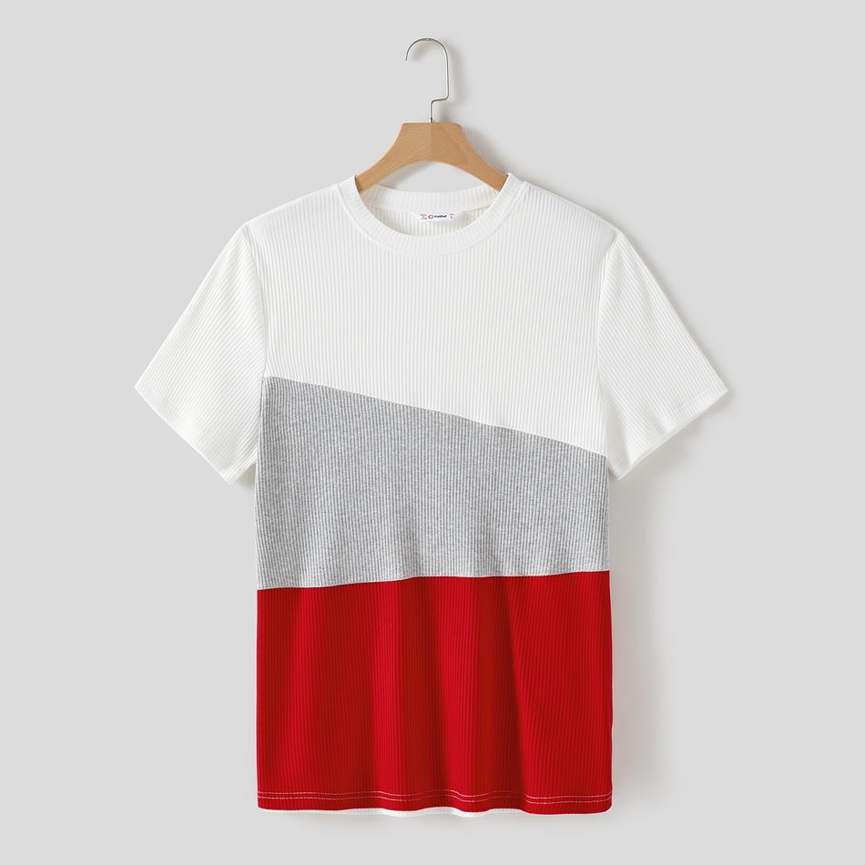 Family Matching Solid Spliced Allover Heart Embroidered Mesh Dresses and Short-sleeve Colorblock Ribbed T-shirts Sets Red big image 7