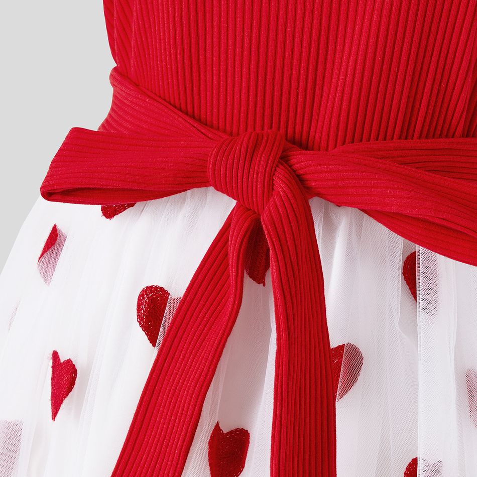 Family Matching Solid Spliced Allover Heart Embroidered Mesh Dresses and Short-sleeve Colorblock Ribbed T-shirts Sets Red big image 5