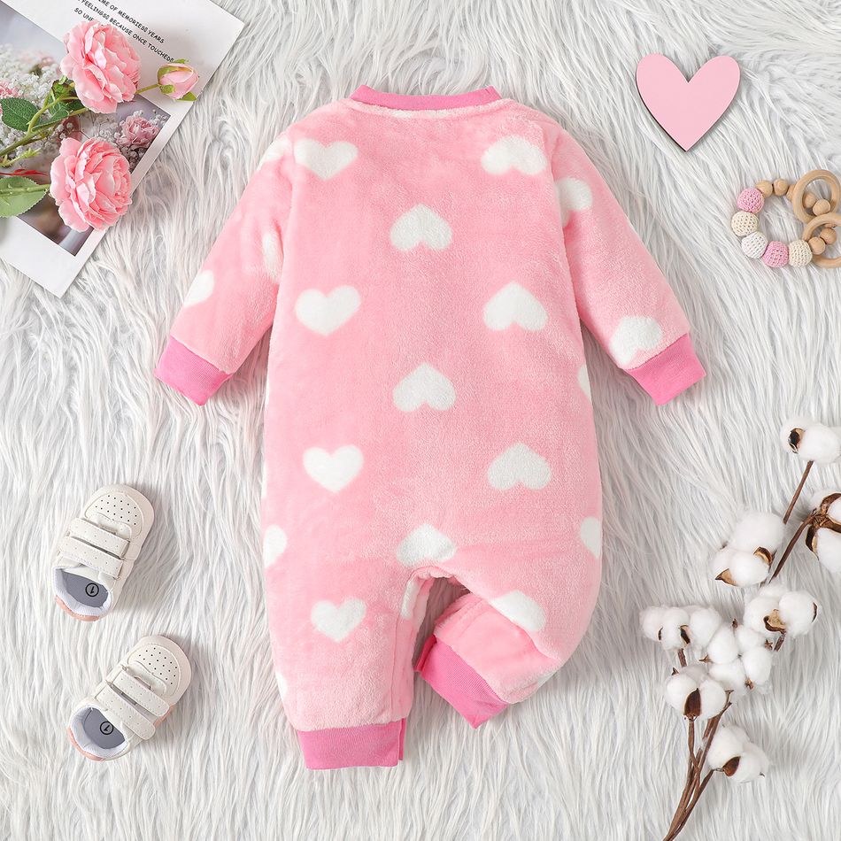 Baby Heart Shape Pattern Allover Fluffy Long-sleeve Jumpsuit Pink big image 3
