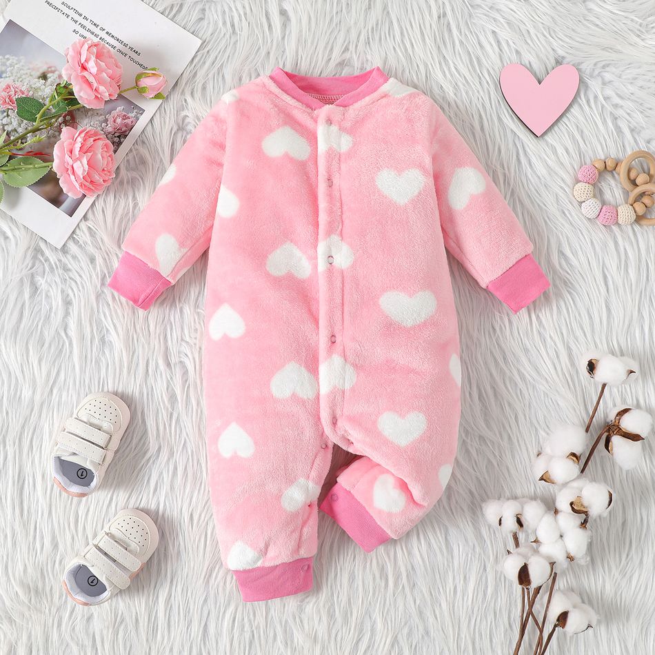 Baby Heart Shape Pattern Allover Fluffy Long-sleeve Jumpsuit Pink