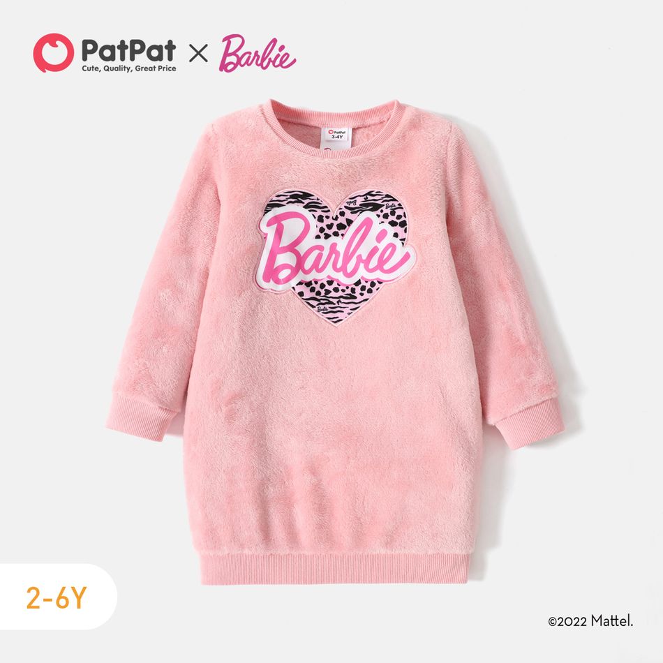 Barbie Toddler Girl Heart Print Fluffy Pullover Dress Pink