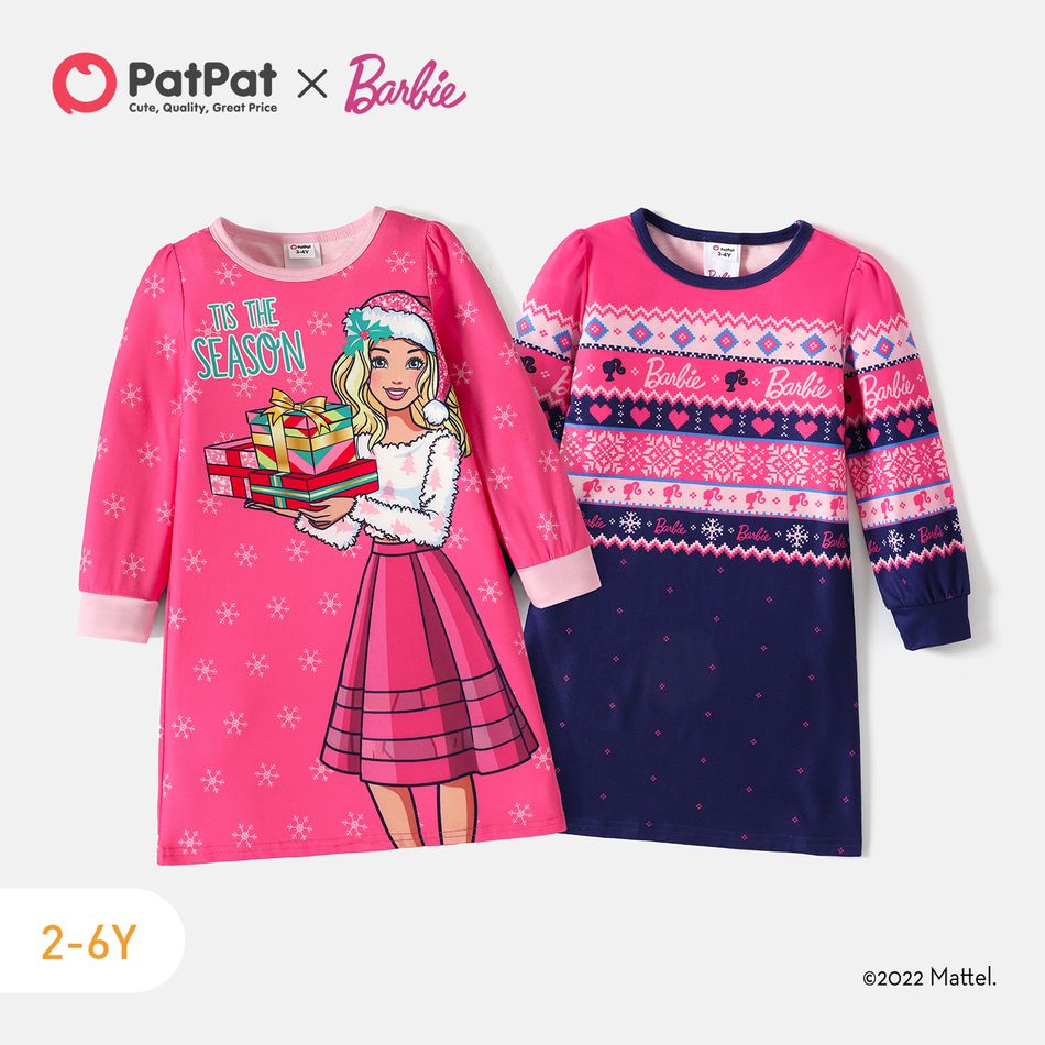Barbie Toddler Girl Christmas Snowflake Print Long-sleeve Dress Pink big image 2