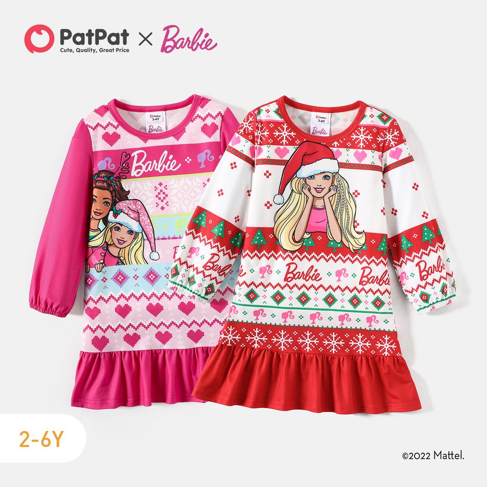 Barbie Toddler Girl Christmas Grass-green Ruffle Hem Long-sleeve Dress Red big image 2