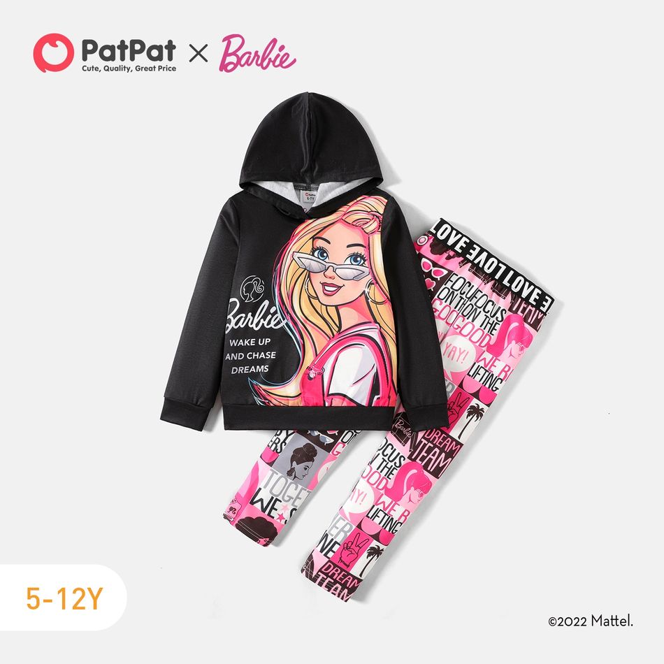 Barbie 2pcs Kid Girl Letter Characters Print Hoodie Sweatshirt and Leggings Set Colorful big image 1