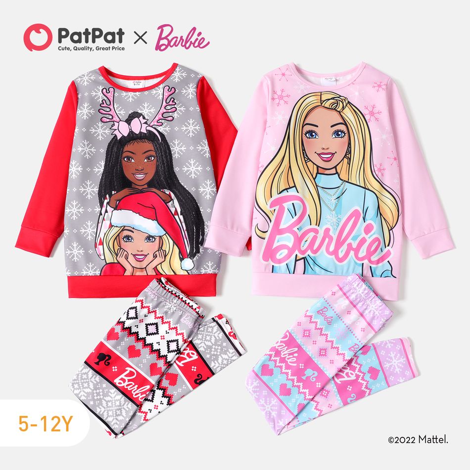 Barbie 2pcs Kid Girl Christmas Snowflake Print Sweatshirt and Elasticized Pants Set Pink big image 2