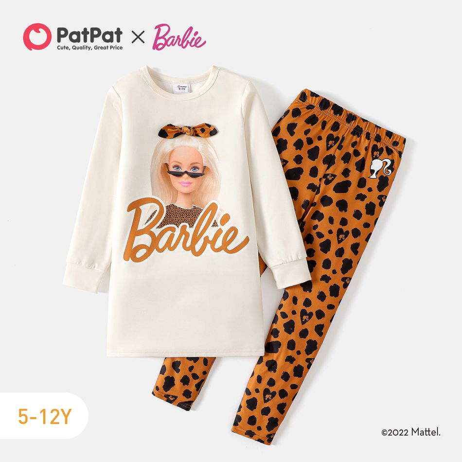 Barbie 2pcs Kid Girl Character Print Sweatshirt and Leopard Print Leggings Set Apricot big image 1