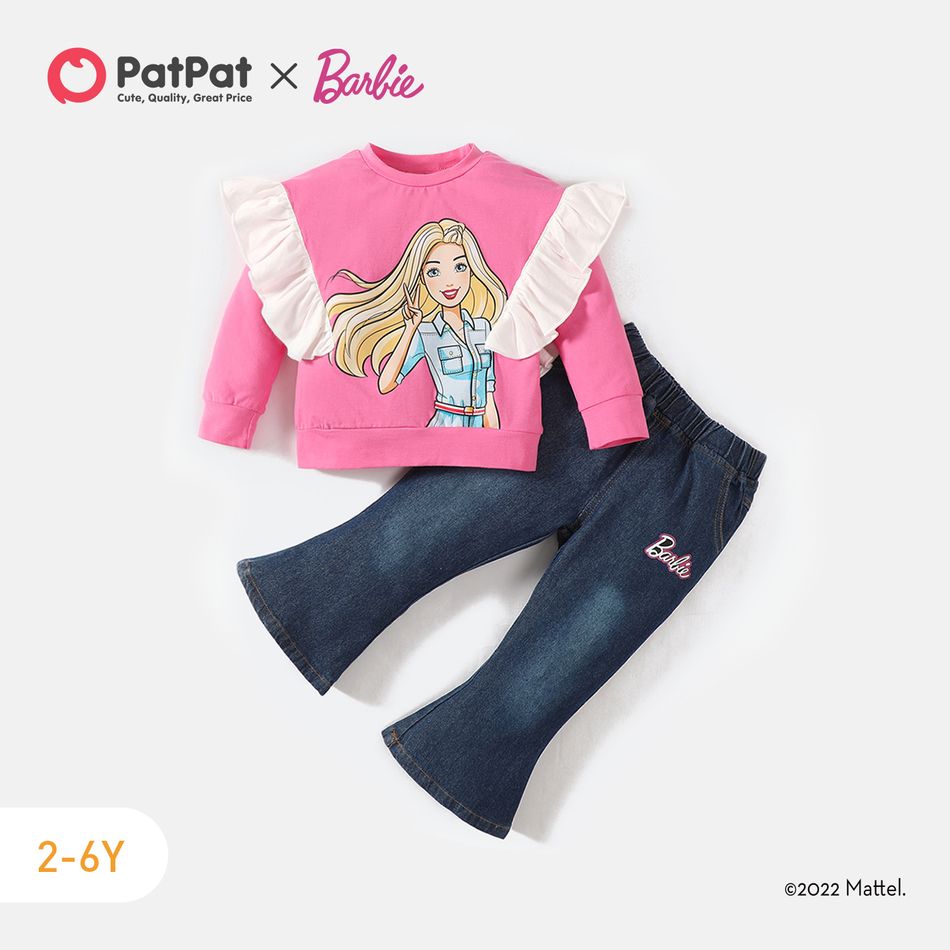 Barbie 2pcs Toddler Girl Ruffled Cotton Sweatshirt and Flared Denim Jeans Set Hot Pink big image 1