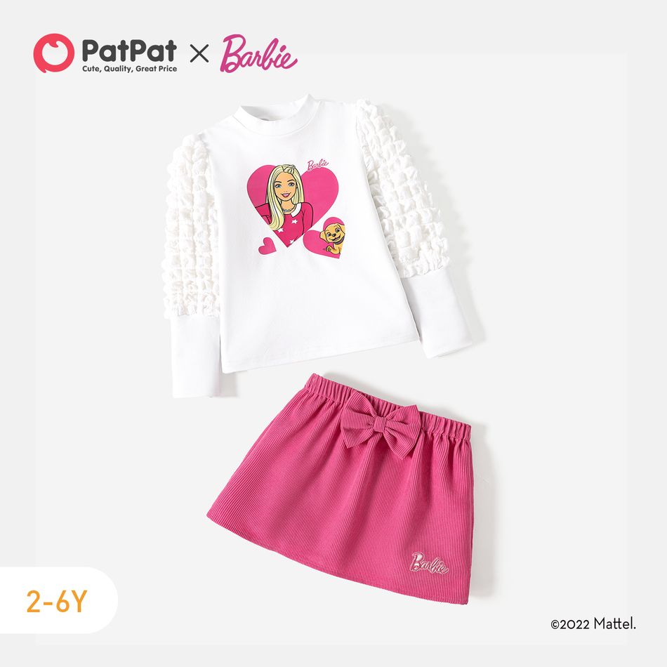 Barbie 2pcs Toddler Girl Textured Sleeve Cotton Sweatshirt and Bowknot Design Skirt Set White