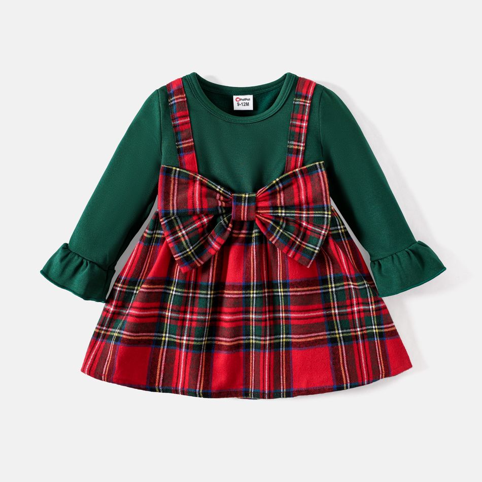 Baby Girl Solid Long-sleeve Spliced Red Plaid Bow Front Dress Red