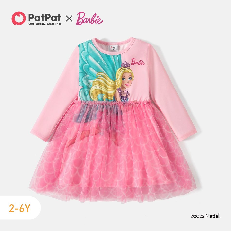 Barbie Toddler Girl Mesh Splice Long-sleeve Dress Pink big image 1