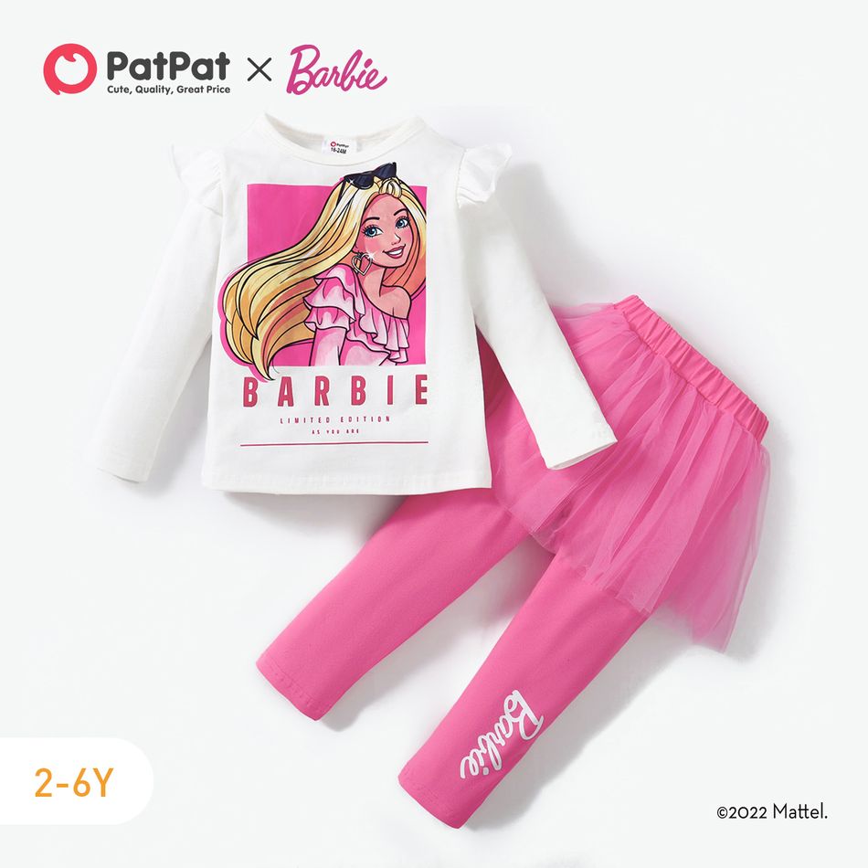 Barbie 2pcs Toddler Giel Ruffled Long-sleeve Cotton Tee and Mesh Skirt Leggings Set White