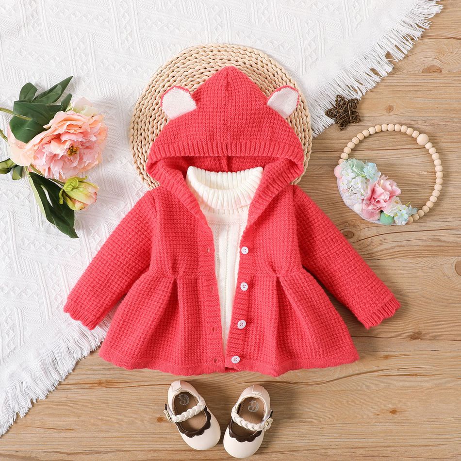 Baby Girl 3D Ears Hooded Long-sleeve Solid Knitted Sweater Coat Dark Pink big image 2