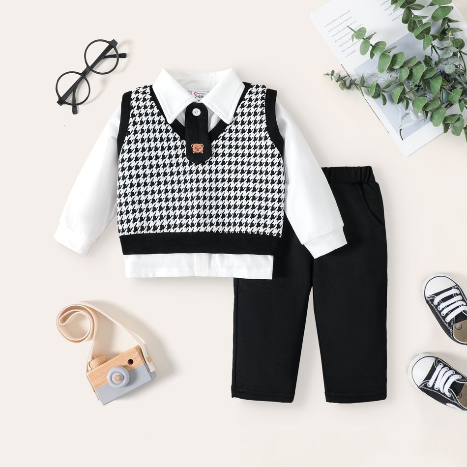 3-Pack Baby Boy Houndstooth Vest and Solid Long-sleeve Shirt with Pants Set BlackandWhite big image 2