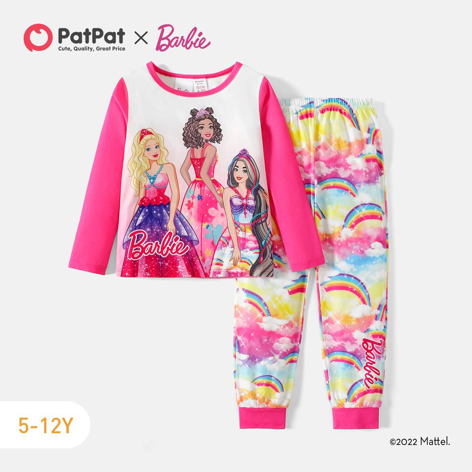 Barbie 2pcs Kid Girl Character Print Long-sleeve Tee and Rainbow Print Pants Pajamas Sleepwear Set Pink big image 1