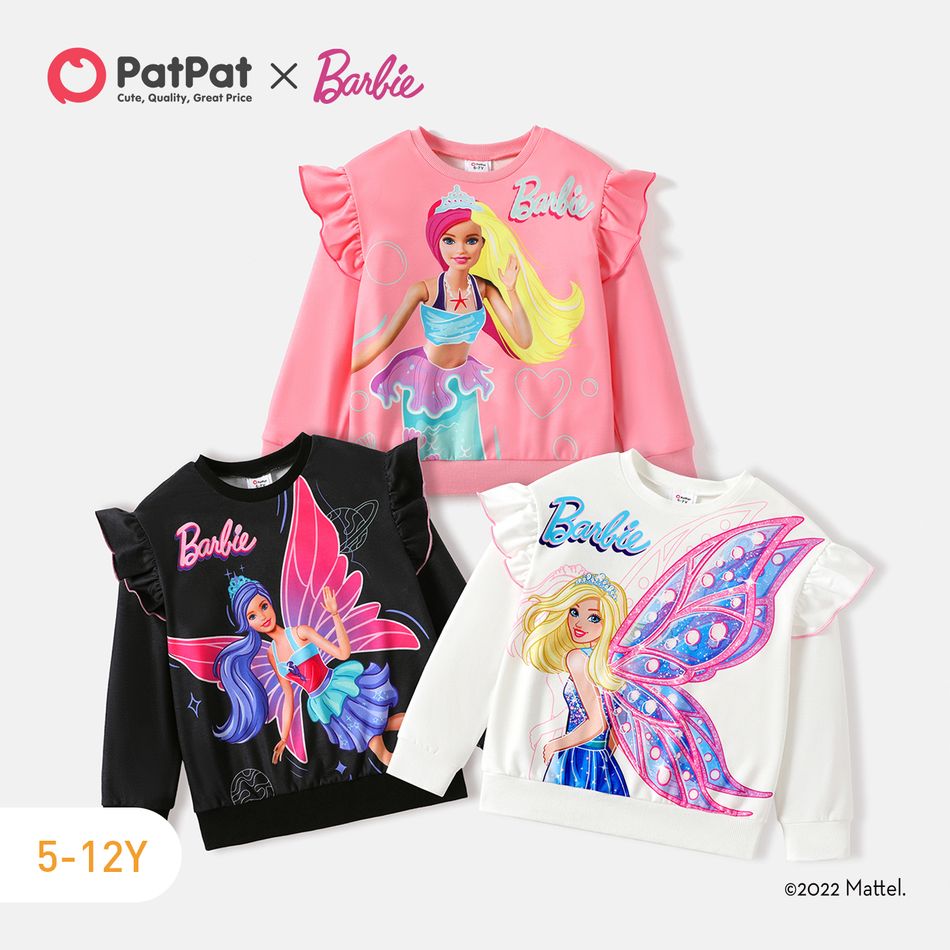 Barbie Kid Girl Character Print Ruffled Pullover Sweatshirt Black