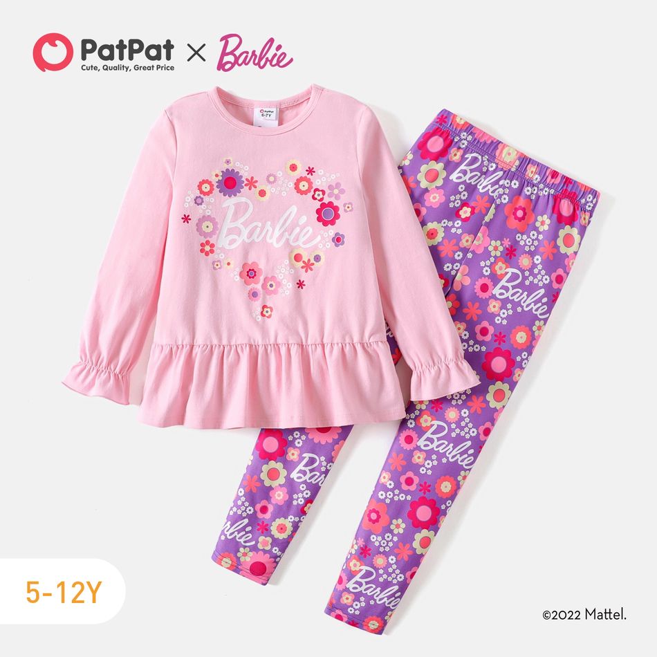 Barbie 2pcs Kid Girl Floral Letter Print Long-sleeve Cotton Pink Tee and Leggings Set pinkpurple big image 1