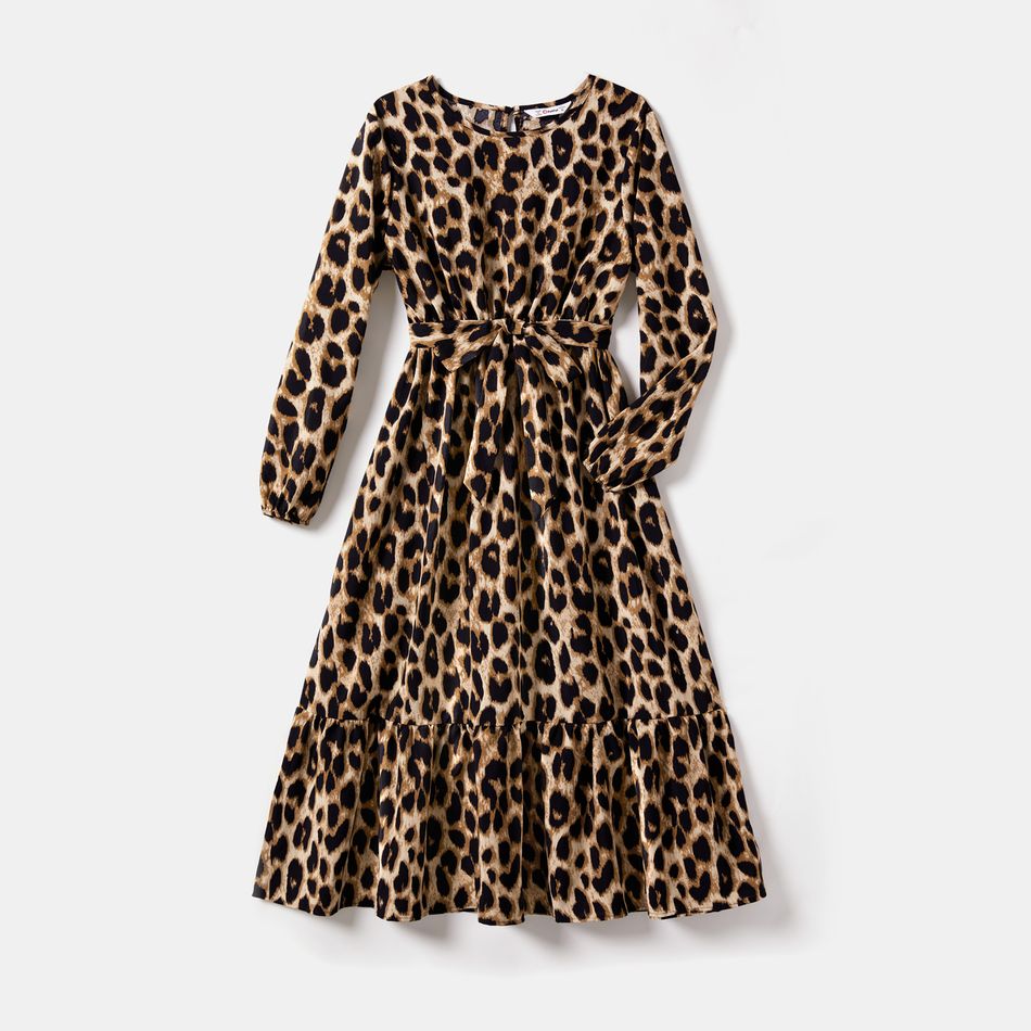 Family Matching Allover Leopard Print Long-sleeve Belted Dresses and Polo Shirts Sets Colorful big image 2